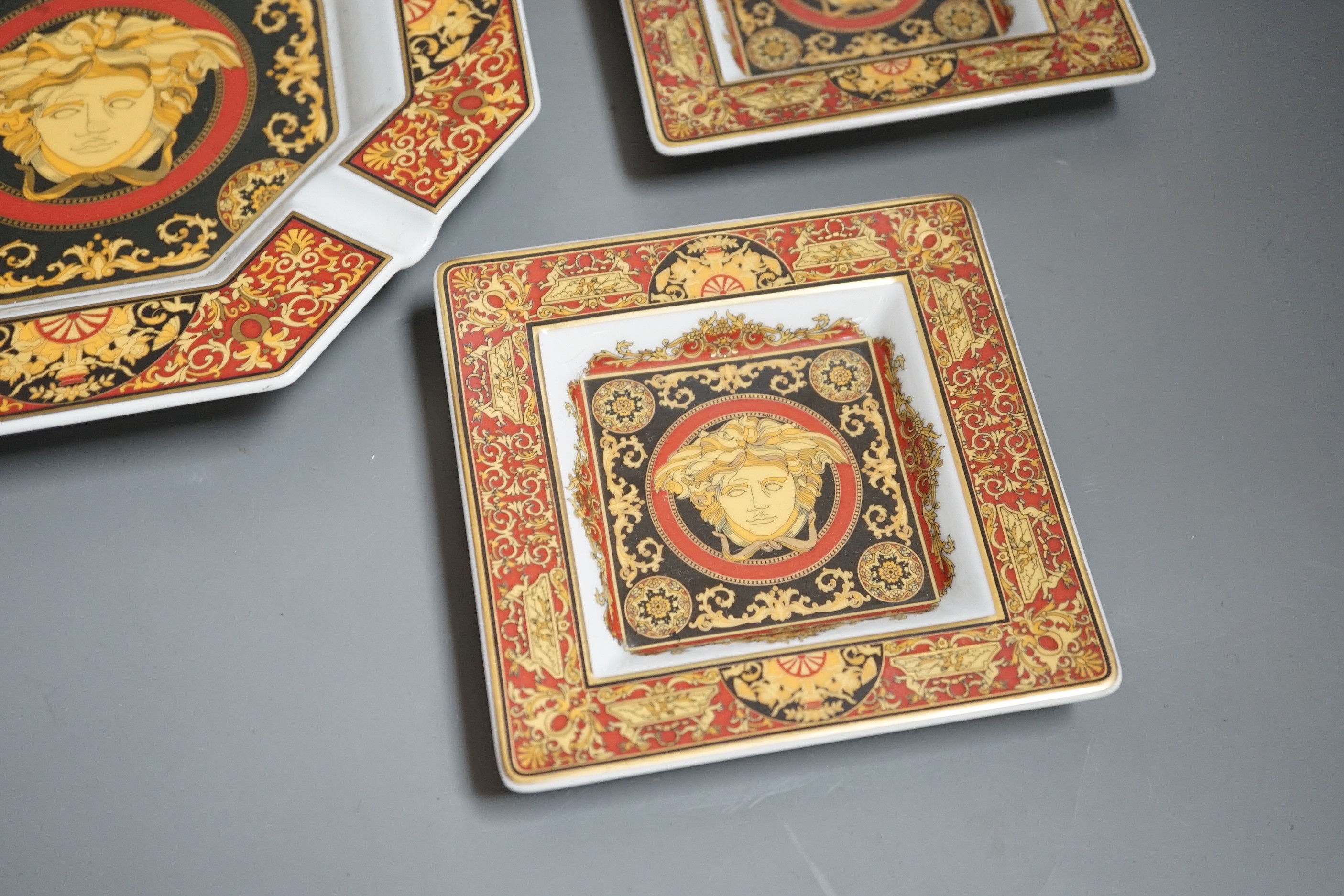 Rosenthal for Versace. A Medusa pattern ashtray, a pair of square dishes and a small jug